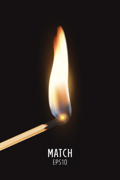 暗い背景のベクトル3dリアルな燃焼マッチスティックアイコンのクローズアップ。発火、燃焼、枯れのシンボル。デザインテンプレート、グラフィック用のクリップアート。
