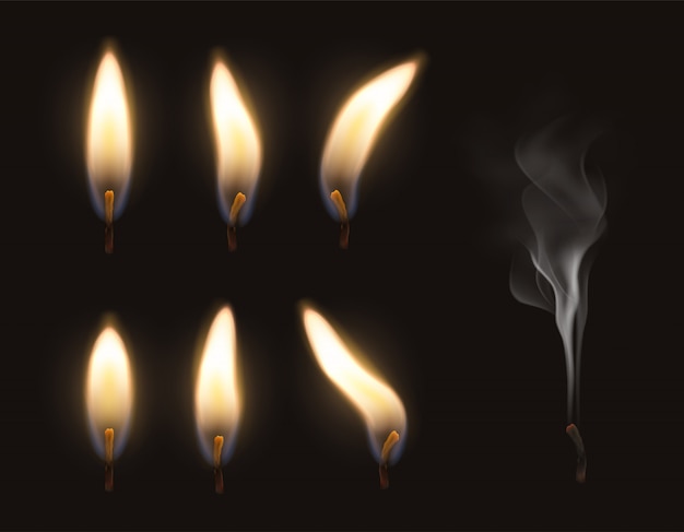 Вектор 3d реалистичный огонь пламя свечи установлен горения и потушен дымом