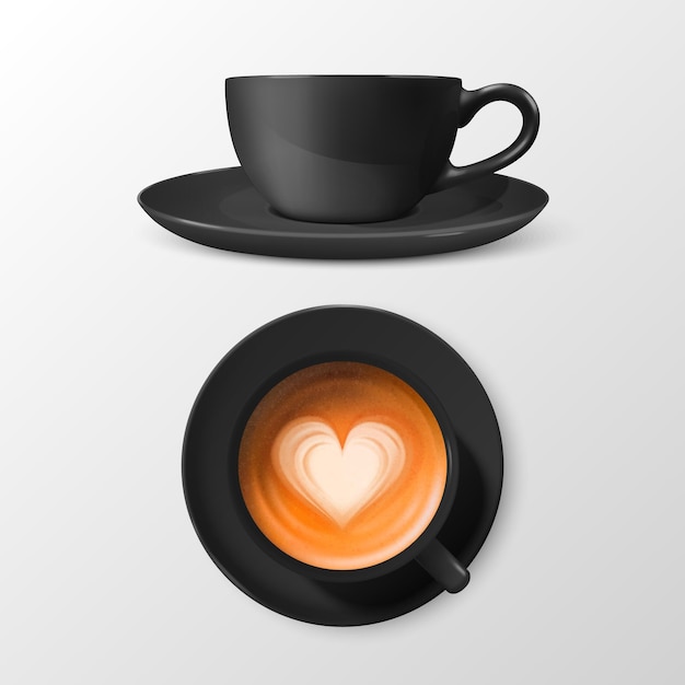 Vector 3d Realistic Ceramic Black Coffee Mug Cup with Saucer Isolated on White Background Milk Coffee Foam Heart Pattern Espresso Capuccino Latte Design Template Top View