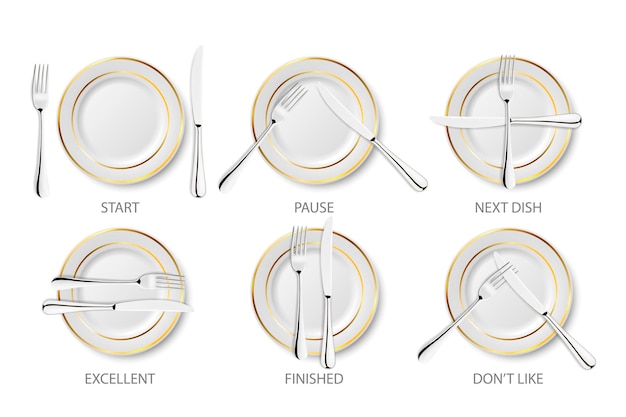 Vector vector 3d realistic ceramic porcelain white plate with golden strip set isolated on white background dining etiquette forks and knifes signals top view