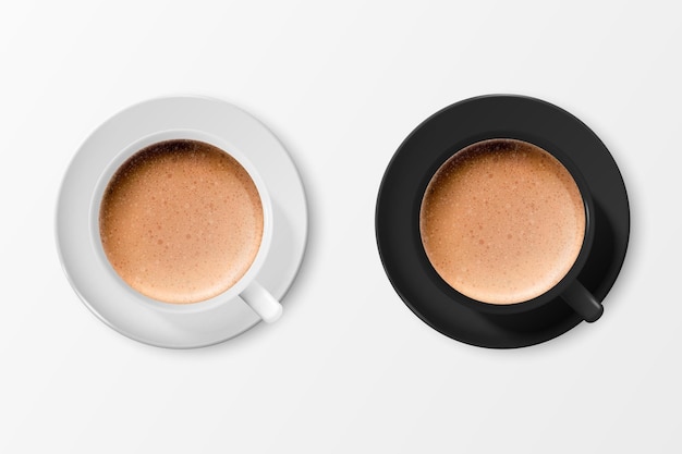 Vettore 3d realistico ceramica bianco e nero tazza di caffè tazza piattino isolato latte caffè schiuma fiore cuore modello espresso cappuccino latte design modello vista dall'alto