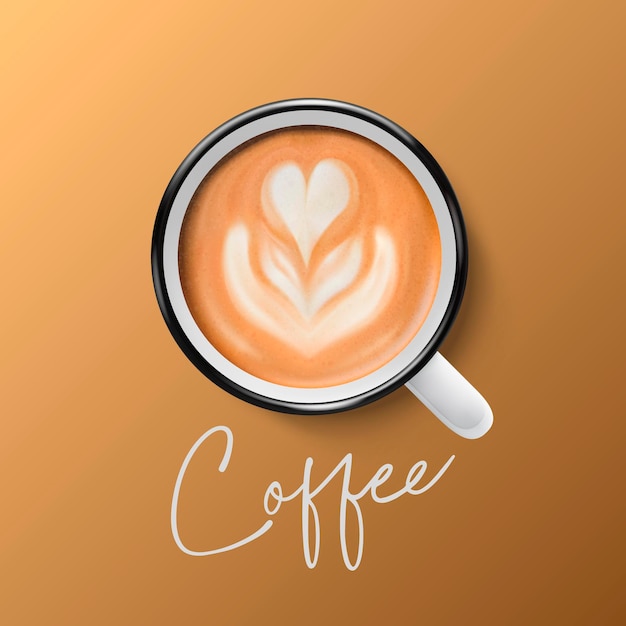 ベクトル 3 d 現実的なセラミック ホワイト メタル エナメル レトロ コーヒー マグカップ茶色の背景にクローズ アップ ミルク フォーム コーヒー ラテ カプチーノ デザイン テンプレート トップ ビュー