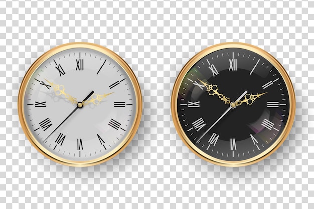 Vector 3d realistico classico metallo dorato orologio da parete ufficio icona set primo piano