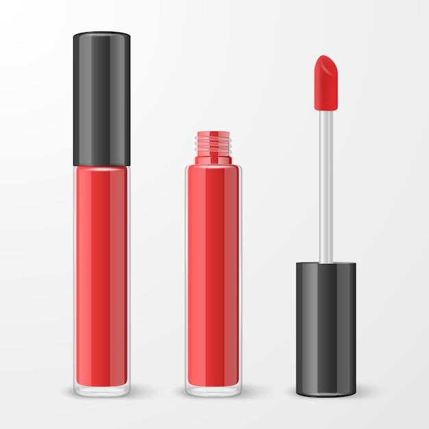 Vector vector 3d realistic closed opened red lip gloss lipstick package black cap set isolated glass container tube lid brush plastic transparent bottle design template mockup front view