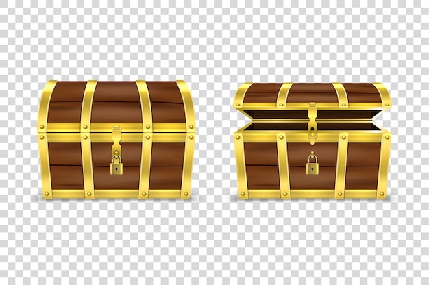 Vector 3d realistic closed and opened retro vintage antique old treasure wooden brown pirate dower chest with golden metal stripes and padlock and keyhole closeup isolated on transparent background