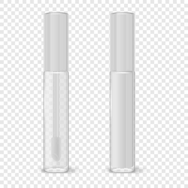 Vector vector 3d realistic closed plastic transparent and white lip gloss lipstick package set isolated glass container tube lid brush plastic transparent bottle design template mockup front view
