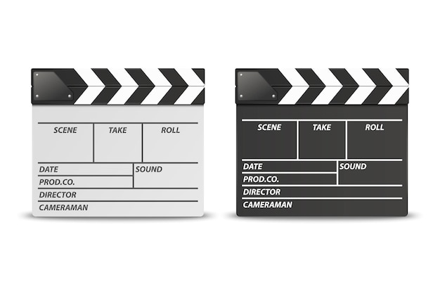 벡터 3d 현실적인 폐쇄 흰색과 검은색 영화 필름 박수 보드 아이콘 세트 근접 촬영 Clapperboard Slapstick 영화 제작 장치 전면 보기의 흰색 배경 디자인 서식 파일에 고립