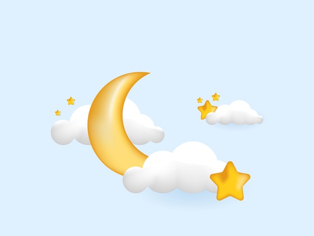 Vector 3d realistic crescent moon golden stars white clouds