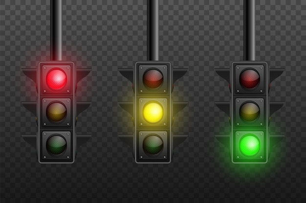 Vector 3d Realistic Detailed Road Turned on Traffic Light Icon Set Isolated Safety Rules Concept Design Templete Stoplight Traffic Lights