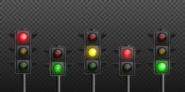 Vector vector 3d realistic detailed road turned on traffic light icon set isolated safety rules concept design templete stoplight traffic lights