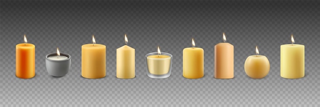 ベクター 3D リアルなパラフィンワックス バーニング パーティー スパキャンドル セット 炎のキャンドル アイソレート キャンドル デザイン テンプレート コレクション フロント ビュー