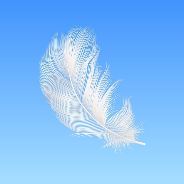 Vector 3d Realistic Falling White Fluffy Feather Closeup on Blue Sky Background Design Template of Angel Bird Detailed Feather Lightness and Freedom Concept