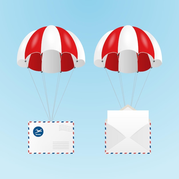 전자 상거래 웹 배너에 대한 파란색 배경 배달 및 게시물 개념 디자인 템플릿에 설정된 폐쇄 및 개방 종이 봉투와 벡터 3d 현실적인 비행 빨간색과 흰색 낙하산
