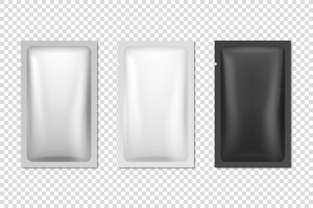 ベクトル3dリアルなホイルホワイトブラックプラスチック紙ロングスリムブランク包装セット分離コーヒーティーソルトシュガースパイスサシェとウェットワイプラッパーデザインテンプレートパッキングモックアップ上面図