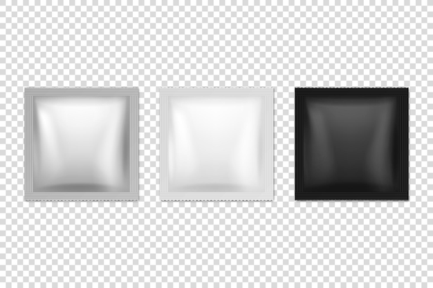 ベクトル3d現実的な箔白黒四角空白包装アイコンセットクローズアップ分離コーヒー茶塩砂糖スパイスウェットワイプラッパー小袋デザインテンプレートのパッキングのモックアップ上面図