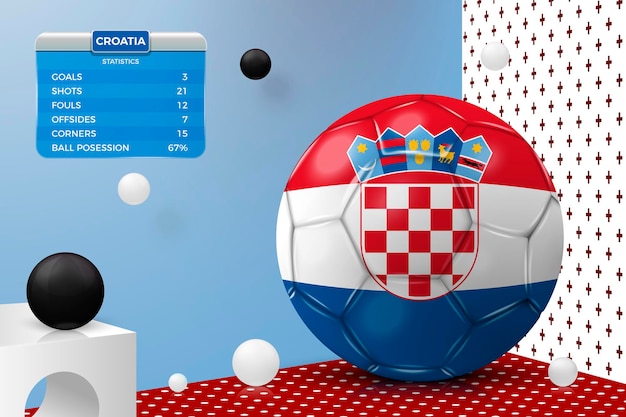 Vector vector 3d realistic football ball with croatia flag scoreboard isolated in corner wall