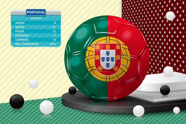 Vector 3d realistic football ball with portugal flag, scoreboard, isolated in corner wall abstract scene with podium, white and black objects.