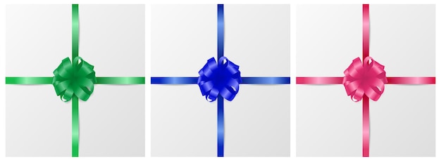 Vettore fiocco regalo realistico vettoriale 3d di diversi colori set di icone primo piano isolato blu verde rosa fiocco per compleanno regali di natale regali carta di invito confezione regalo decorazione natalizia