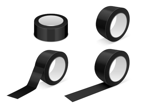 Vector 3d Realistic Glossy Black Tape Roll Icon Set Mockup Closeup Isolated on White Background