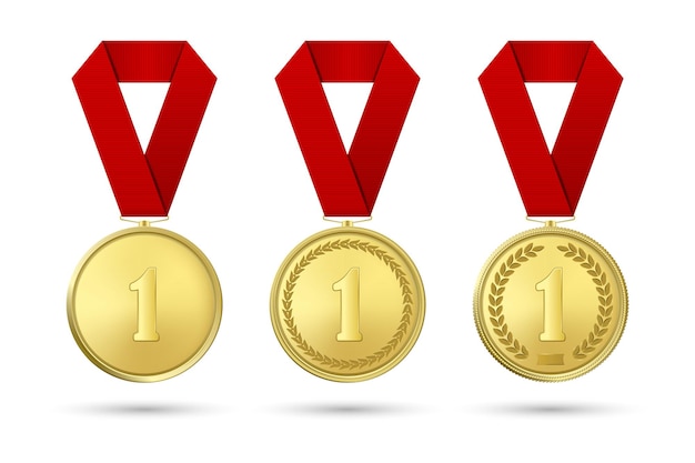 Векторная 3d реалистичная золотая медаль значок набор с цветными лентами крупным планом, изолированные на белом фоне первое место призы спортивный турнир победа или победитель концепции