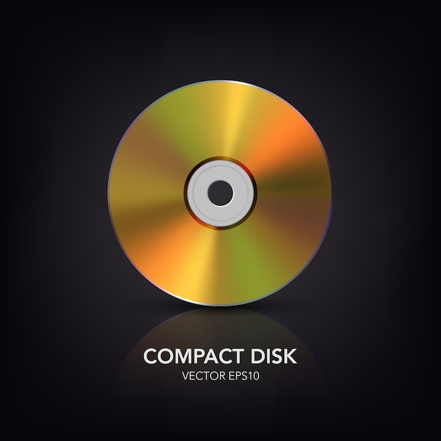 Vector 3d Realistic Golden CD DVD on Black with Reflection CD Design Template for Mockup Copy Space Compact Disk Icon Front View