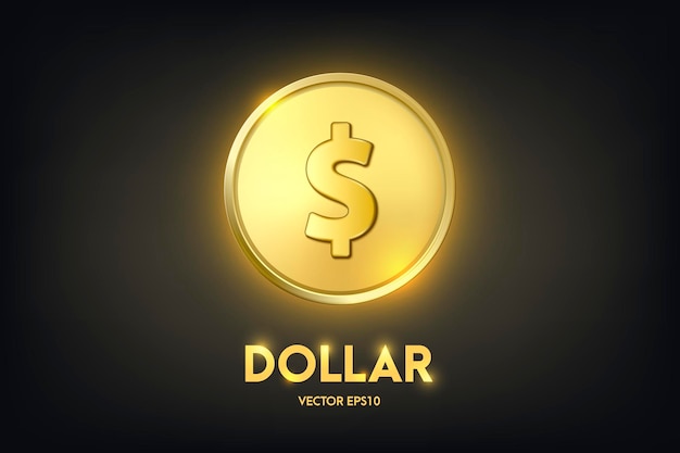 Vector 3d realistic golden dollar coin currency money wealth capital banking ecommerce exchange finance concept glow coin closeup on dark background front view