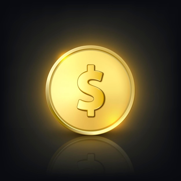 Vettore 3d realistico dollaro d'oro moneta valuta denaro ricchezza capitale bancario e-commerce scambio finanza concetto bagliore moneta primo piano su sfondo scuro con riflessione vista frontale