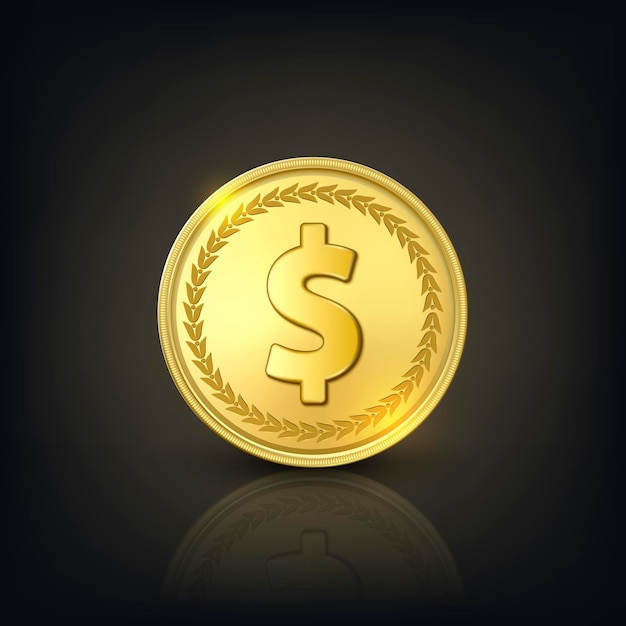 Vector vector 3d realistic golden dollar coin currency money wealth capital banking ecommerce exchange finance concept glow coin closeup on dark background with reflection front view