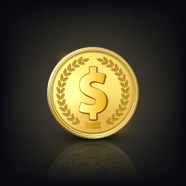 Vector vector 3d realistic golden dollar coin currency money wealth capital banking ecommerce exchange finance concept glow coin closeup on dark background with reflection front view