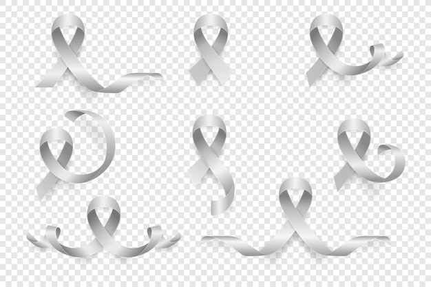 Set di nastri grigi realistici vettoriali 3d simbolo di consapevolezza del cancro al cervello primo piano modello di nastro per il cancro concetto della giornata mondiale del cancro al cervello