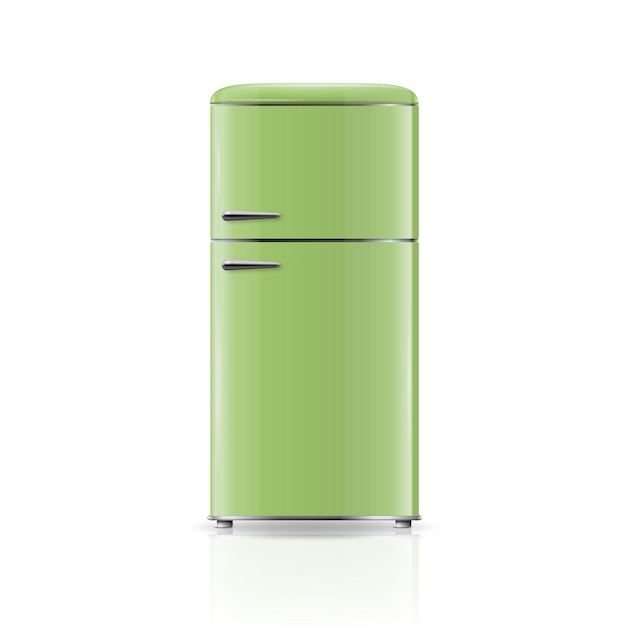 Vector vector 3d realistic green retro vintage fridge icon isolated on white vertical refrigerator closed fridge design template mockup of fridge front view