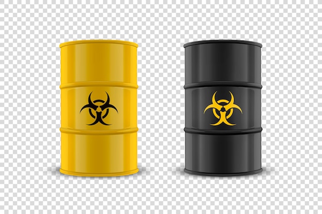 Векторная трехмерная реалистичная иллюстрация Желтая и черная простая глянцевая эмалированная металлическая масляная топливная бочка с бензином с табличкой биологической опасности Изолированный шаблон дизайна упаковки для макета спереди