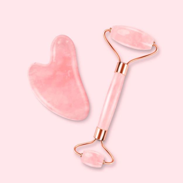 Vector 3d rullo di giada realistico gua sha set di strumenti per il massaggio raschiante massaggiatore per raschietto in pietra di quarzo rosa rosa naturale sollevamento facciale tradizionale cinese per la donna punti terapeutici per il viso vista dall'alto