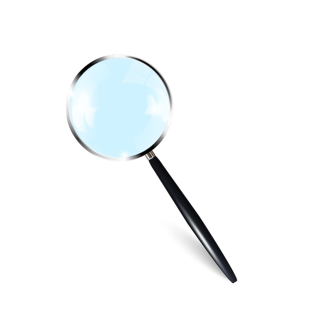 Vector 3d Realistic metal Magnifying Glass Magnifying Glass Icon Closeup highlighted on a white background Magnifying glass design template Top view