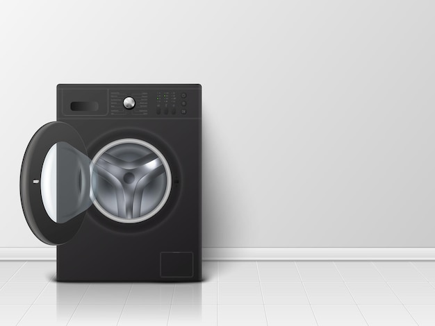 Vector 3d Realistic Modern Black Steel Opened Washing Machine Closeup Design Template of Wacher Front View Laundry Concept