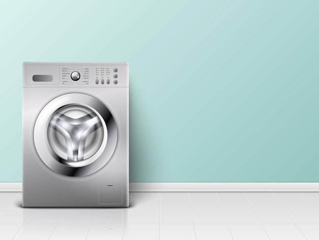 Wacher 전면 보기 세탁 개념의 벡터 3d 현실적인 현대 흰색 철강 세탁기 근접 촬영 디자인 서식 파일