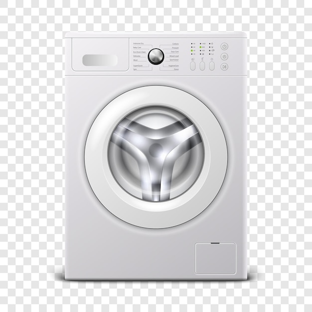 Vector 3d Realistic Modern White Steel Washing Machine Icon Closeup Isolated on Transparent Background Design Template of Wacher Front View Laundry Concept