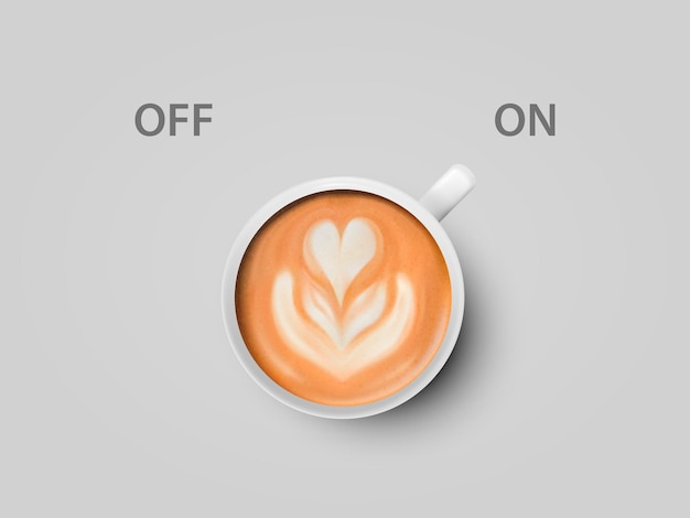 Vector 3d Realistic Off On Switch с кофе Cappuccino Latte в белой керамической фарфоровой кофейной кружке на Whitek Coffee Cup Icon Concept Creative Banner with Coffee Cup Design Template Вид сверху