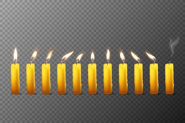 Vector vector 3d realistic orange paraffin or wax burning candles with different flame icon set closeup isolated on transparent background design template clipart