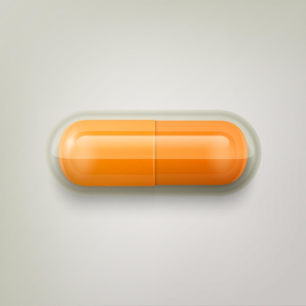 ベクター 3D リアルなオレンジ色の薬剤薬剤のカプセル タブレット 白い背景