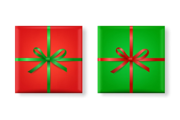 Vettore 3d carta realistica verde e rosso scatola regalo di natale fiocco icona set isolato capodanno natale san valentino o anniversario modello di progettazione del regalo di natale imballaggio vista dall'alto