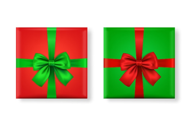 Векторная 3d реалистичная бумажная зеленая и красная рождественская подарочная коробка с луком.