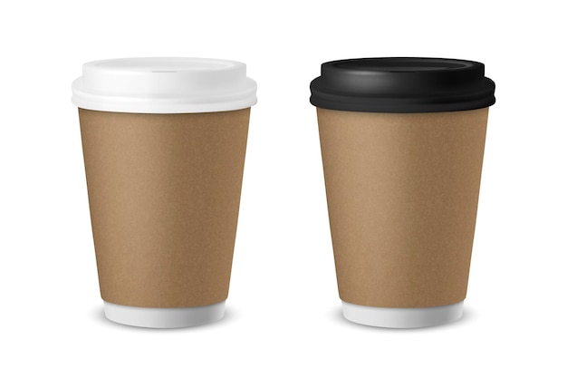 Векторная 3d реалистичная бумага или пластиковая коричневая одноразовая чашка для чая и кофе с белой и черной крышкой, изолированная на складе, векторная иллюстрация, шаблон дизайна, вид спереди