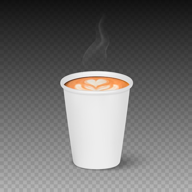 Vector 3d realistico carta bianca tazza monouso isolata con latte caldo schiuma di caffè vapore fumo latte cappuccino stock illustrazione vettoriale modello di progettazione vista frontale