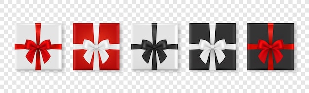 Vector 3d Realistic Paper White Red Black Christmas Gift Box Bow Icon Set Isolated New Year Christmas Valentine Day or Anniversary Concept Design Template of Christmas Present Packing Top View