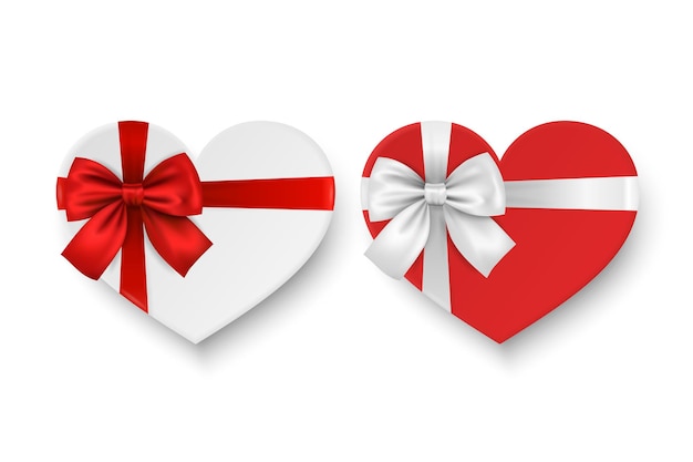 심장 활 아이콘 세트의 모양에 벡터 3d 현실적인 종이 흰색 빨간색 발렌타인 선물 상자 발렌타인 데이 평면도에 대 한 현재 포장의 고립 된 발렌타인 데이 사랑 개념 디자인 서식 파일 설정