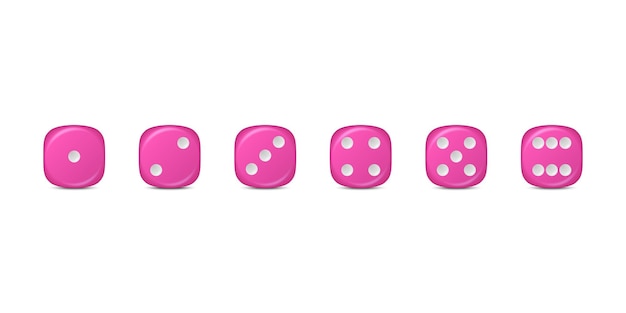 Vector 3d realistic pink game dice icon set closeup isolated game cubes for gambling casino dices from one to six dots round edges