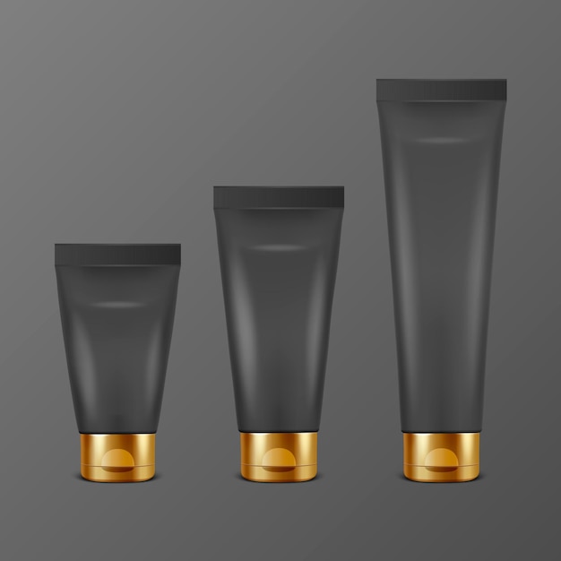 Vector 3d realistic plastic metal blacj tooth paste cream tube packing with golden cap set isolated on black background design template of toothpaste cosmetics cream for mockup front view