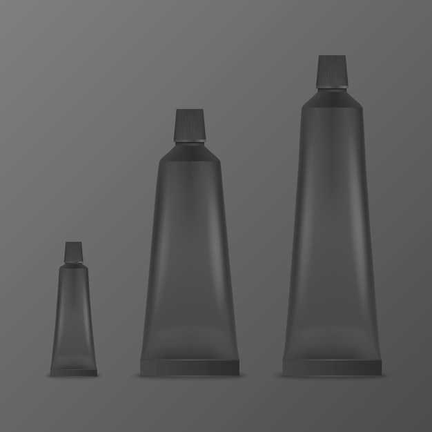 벡터 3d 현실적인 플라스틱 금속 검은색 치약 크림 튜브 포장 세트는 검은색 바탕에 격리된 치약 화장품 크림 치약 이랑 상단 또는 전면 보기에 대한 디자인 서식 파일입니다.