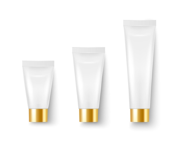 Vector 3d Realistic Plastic Metal White Tooth Paste Cream Tube Packing Golden Cap Set Isolated on White Design Template of Toothpaste Cosmetics Cream Tooth Paste for Mockup Top View